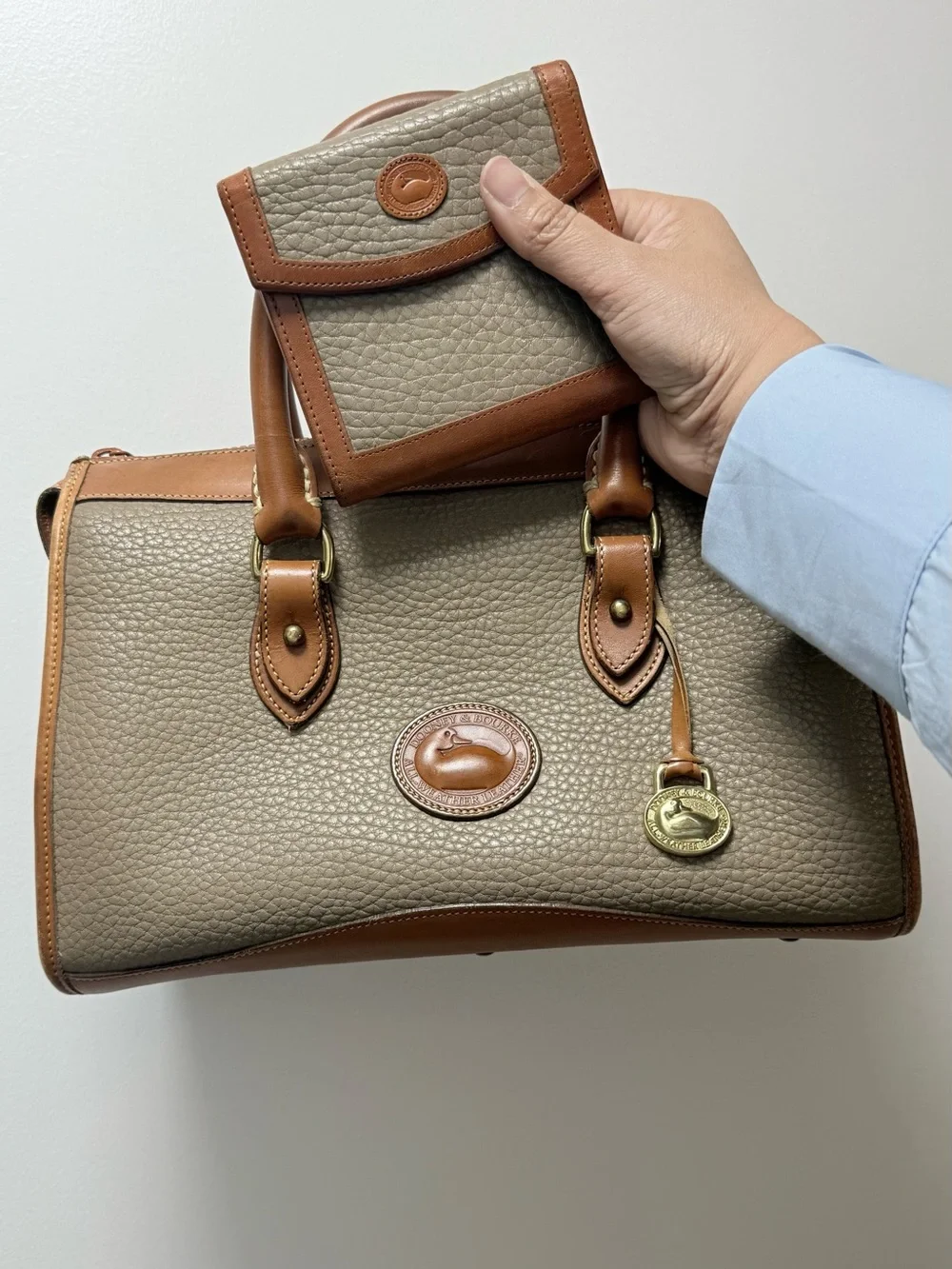 Vintage Dooney & Bourke Taupe Pebbled Leather Satchel with Tan Trim